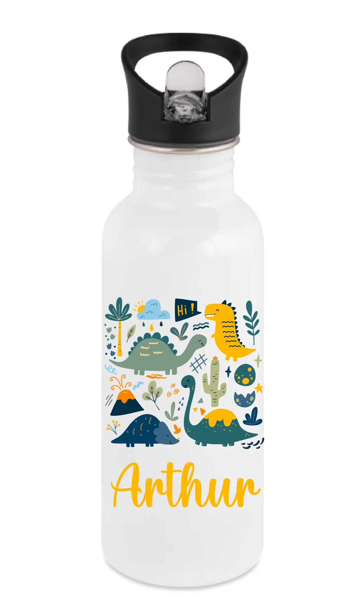 Gourde Paille 600 ml Dinosaures Jaunes – Prénom Personnalisé – Rentrée Scolaire – Lave-vaisselle