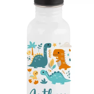 Gourde Paille Enfant Personnalisée 600 ml – Motif Dinosaures Bleus – Cadeau Prénom – Gourde Écologique Sans Mousqueton