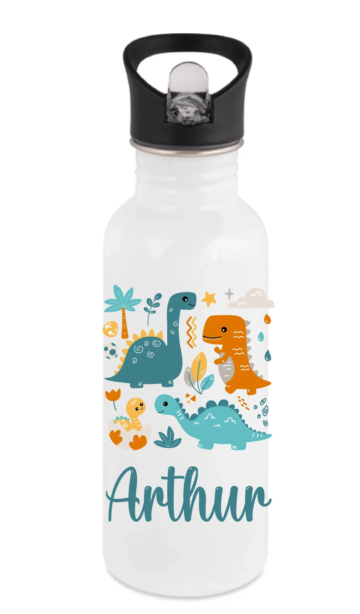 Gourde Paille Enfant Personnalisée 600 ml – Motif Dinosaures Bleus – Cadeau Prénom – Gourde Écologique Sans Mousqueton
