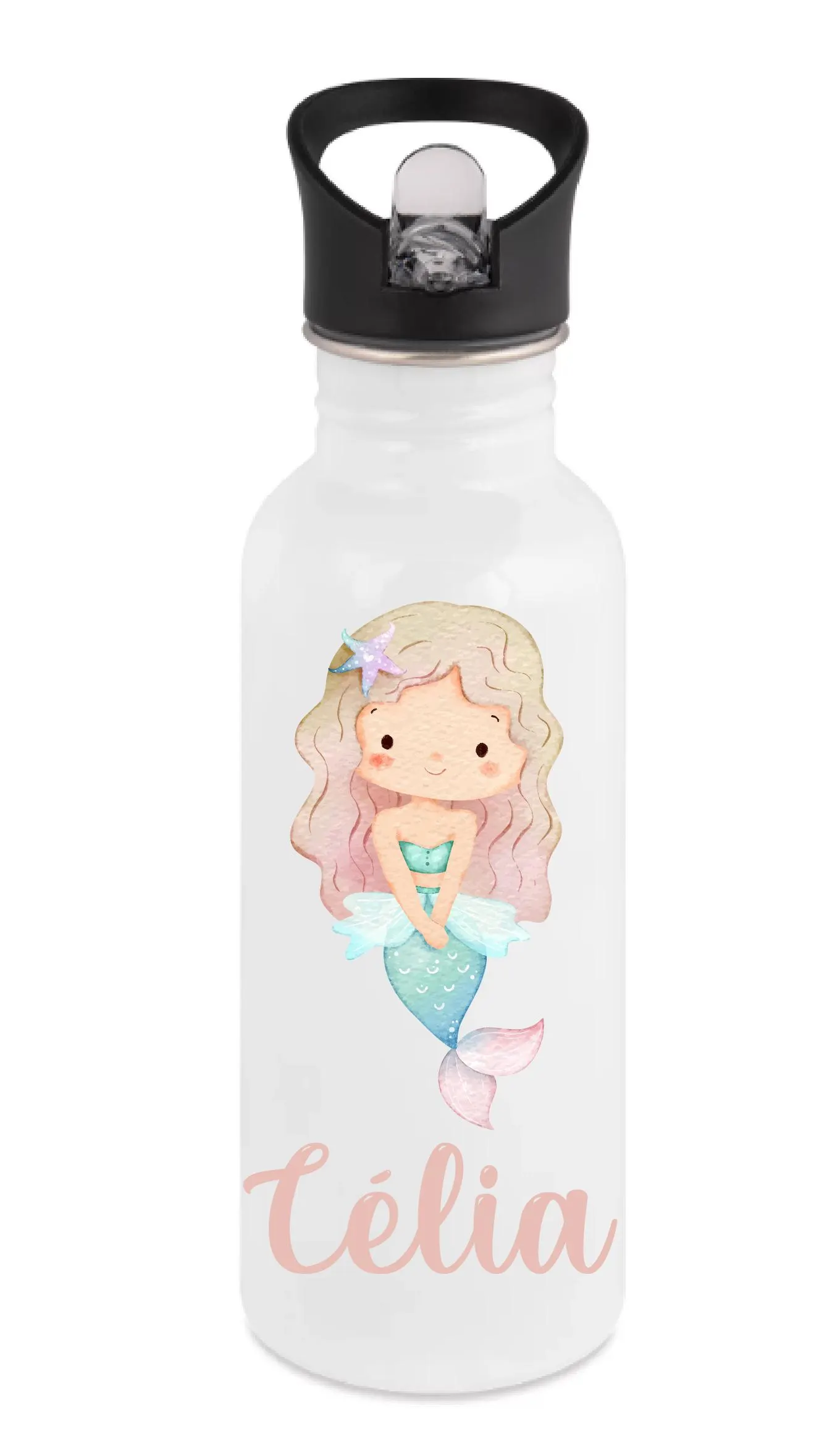 Gourde paille personnalisée enfant – Sirène pastel – Prénom au choix – Gourde 600 ml bouchon paille – Cadeau fille rentrée – Bébé Panda