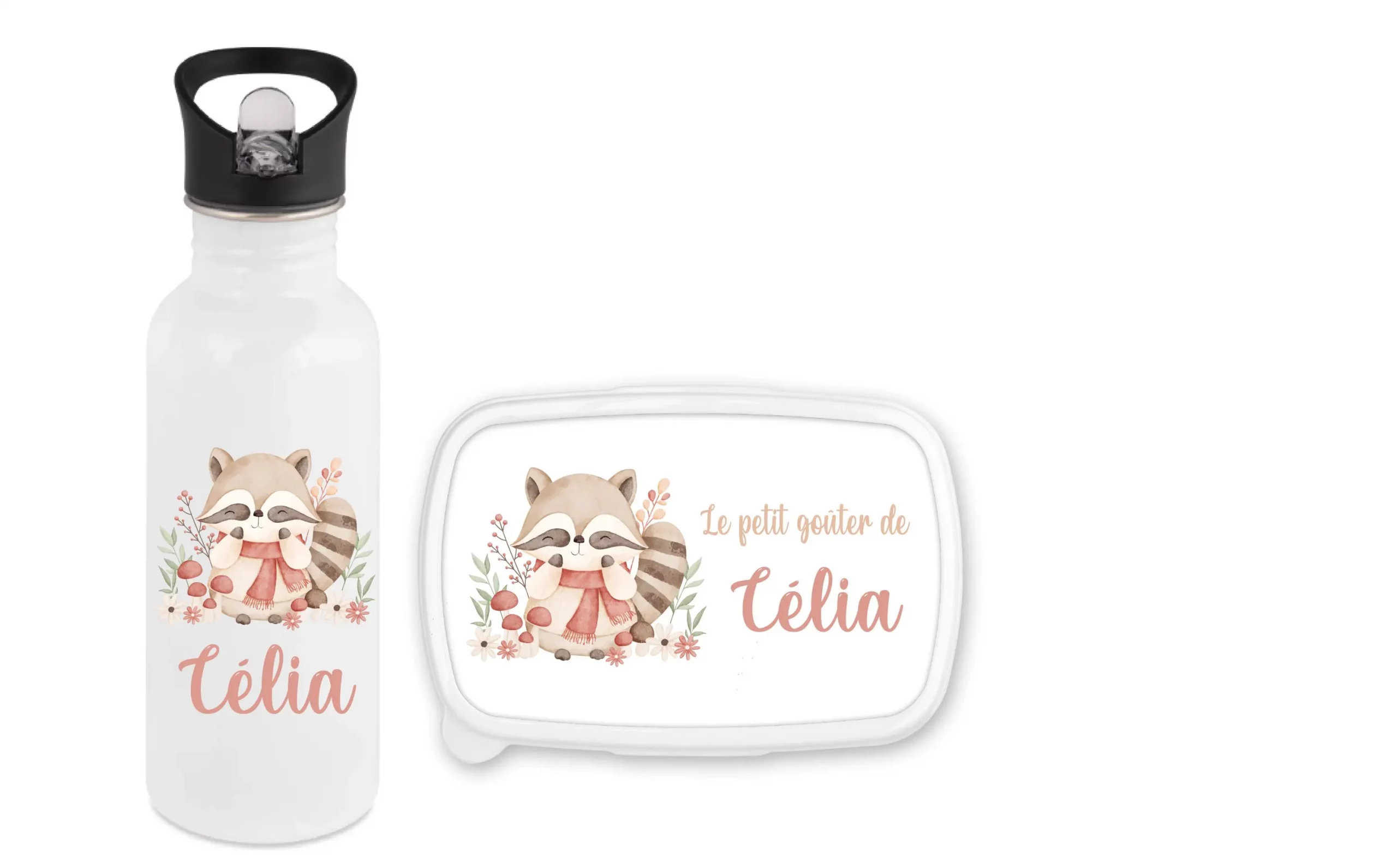 Gourde + boîte à goûter personnalisées – Raton laveur automne – Prénom au choix – Ensemble enfant école – Bébé Panda
