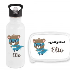 Gourde paille 600 ml + boîte à goûter personnalisées Ourson super-héros– Prénom personnalisable – Cadeau enfant, école, goûter