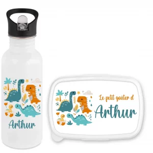 Gourde Paille 600 ml + Boîte à Goûter Personnalisées Dinosaures Bleus – Fond Bleu– Prénom au Choix – Cadeau Rentrée Scolaire