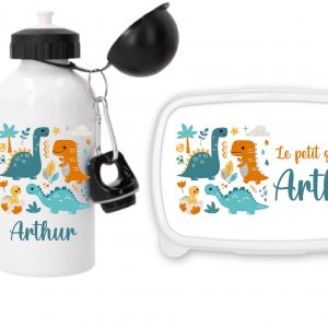 Gourde Sport Enfant Personnalisée 500 ml – Motif Dinosaures Bleus – Boîte à Goûter Assortie Fond Bleu – Cadeau Prénom–  Rentrée Scolaire
