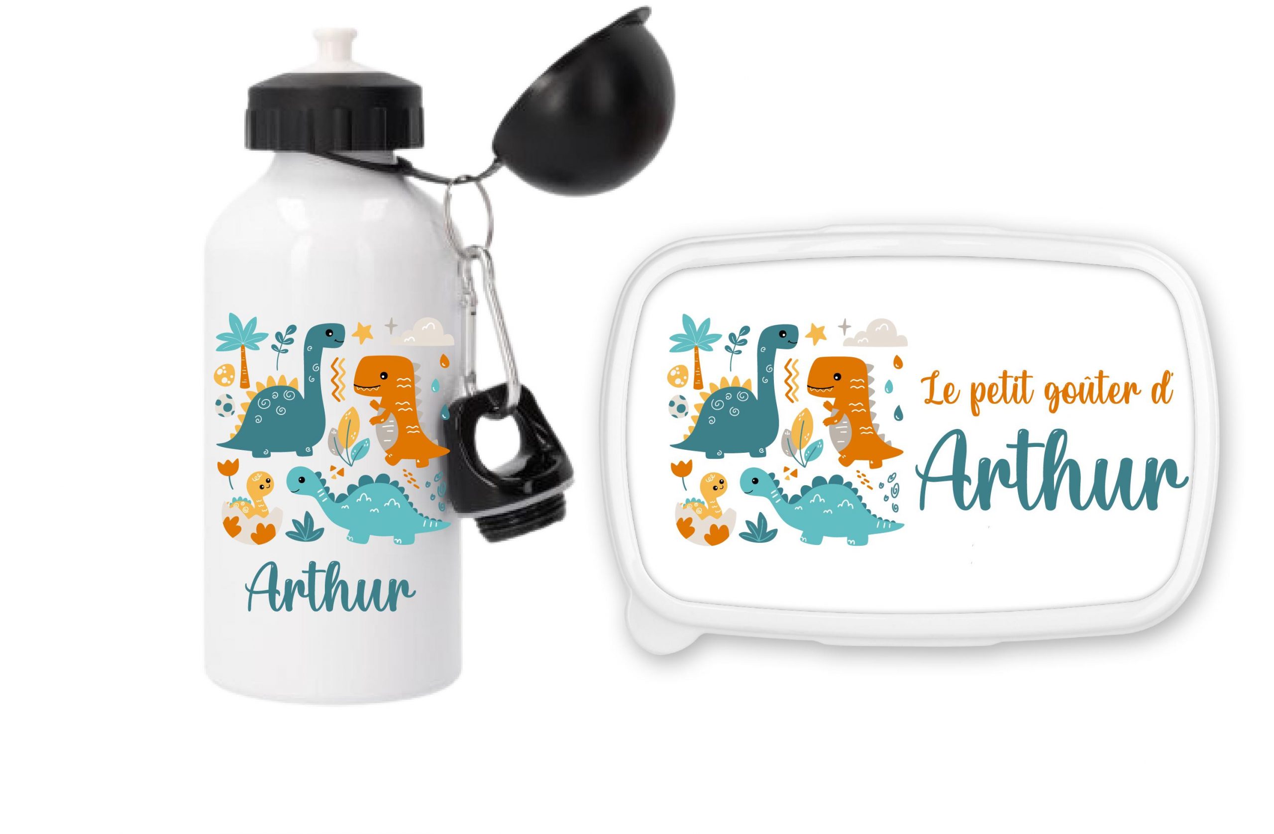 Gourde Sport Enfant Personnalisée 500 ml – Motif Dinosaures Bleus – Boîte à Goûter Assortie Fond Bleu – Cadeau Prénom– Rentrée Scolaire