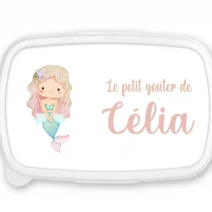 Boîte à goûter personnalisée prénom sirène – Fond rose – Lunch box fille – Rentrée scolaire maternelle ou crèche