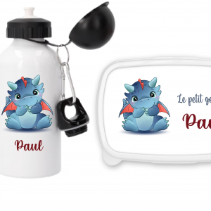 Pack Gourde sport 500 ml + Boîte à goûter fond bleu – Motif Dragon Bleu et Rouge