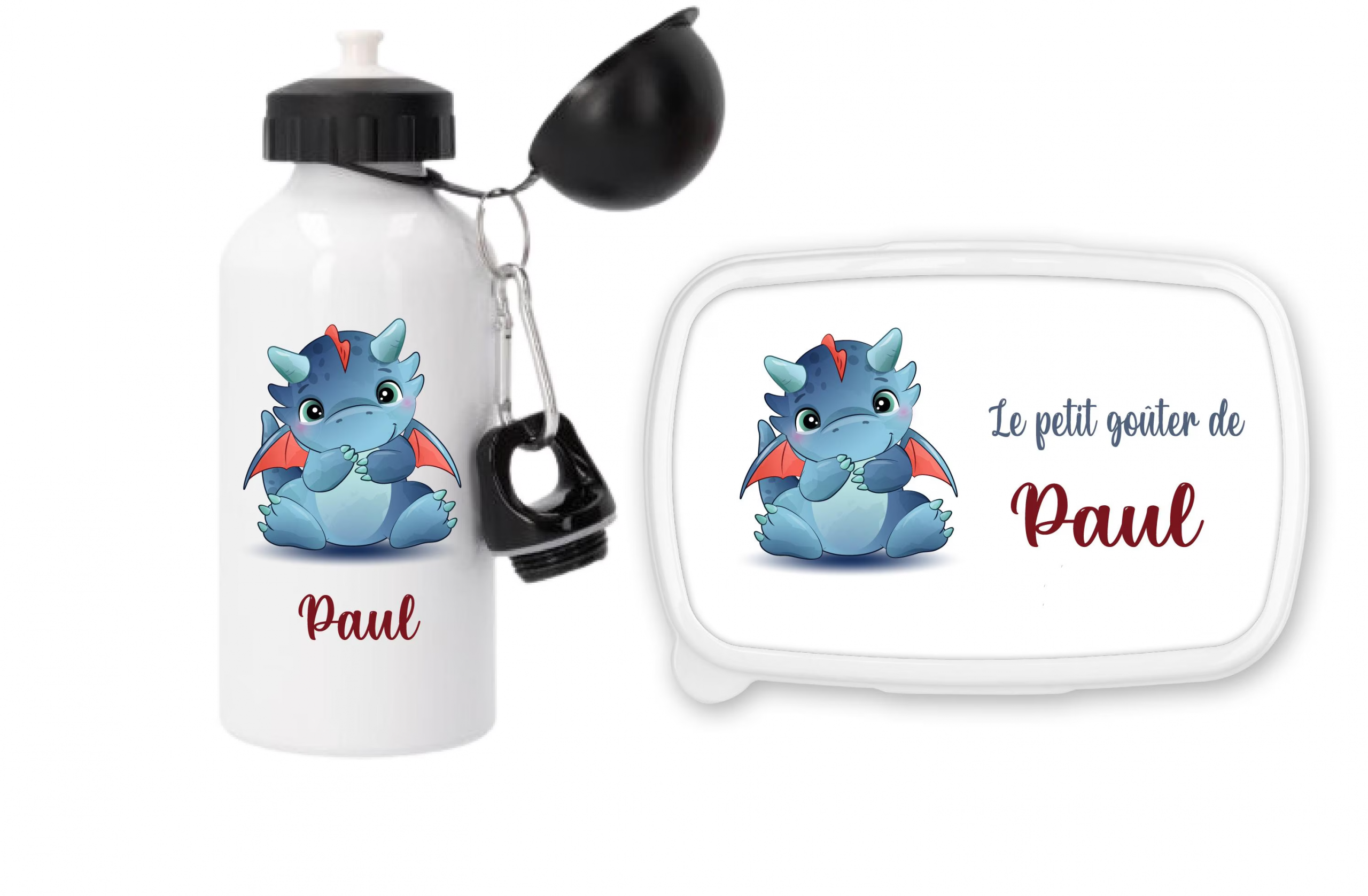 Pack Gourde sport 500 ml + Boîte à goûter fond bleu – Motif Dragon Bleu et Rouge