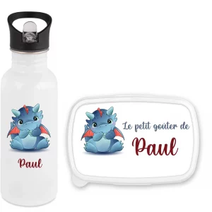 Pack Gourde Paille 600 ml + Boîte à Goûter Personnalisables avec Motif Dragon Bleu et Rouge – Rentrée Scolaire