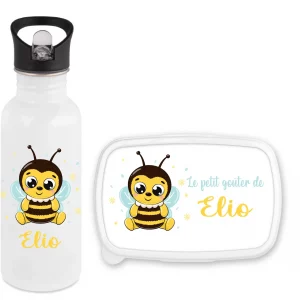 Set gourde paille 600 ml + boîte à goûter personnalisés motif abeille – Prénom enfant – Rentrée scolaire