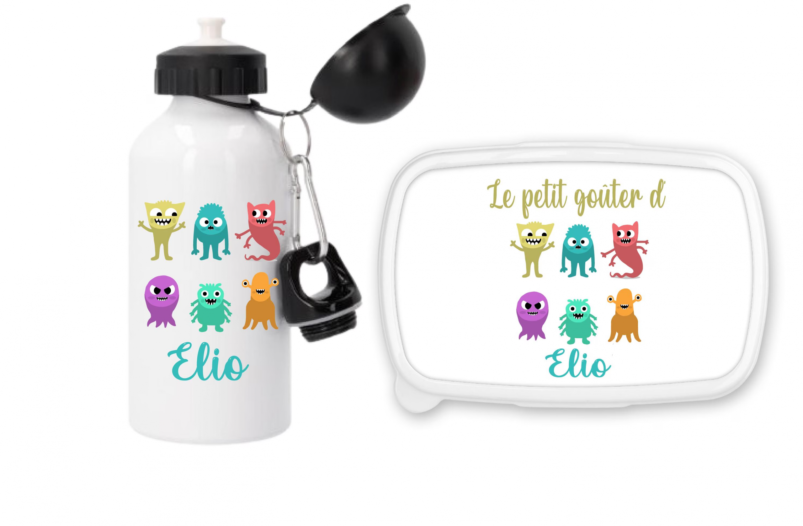 Set Gourde Sport 500 ml + Boîte à Goûter Fond Bleu Motif Monstres – Personnalisé avec Prénom – Idéal Rentrée – Compatible Lave-vaisselle