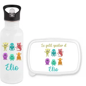 Set Gourde Paille 600 ml + Boîte à Goûter Fond Bleu Motif Monstres – Personnalisé avec Prénom – Idéal Rentrée – Compatible Lave-vaisselle