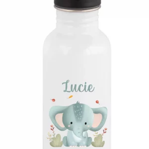 Gourde paille 600 ml personnalisée motif éléphant bleu – Prénom enfant – Parfaite rentrée scolaire
