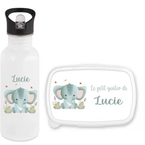 Set gourde paille 600 ml + boîte à goûter personnalisés motif éléphant bleu – Prénom enfant – Rentrée scolaire