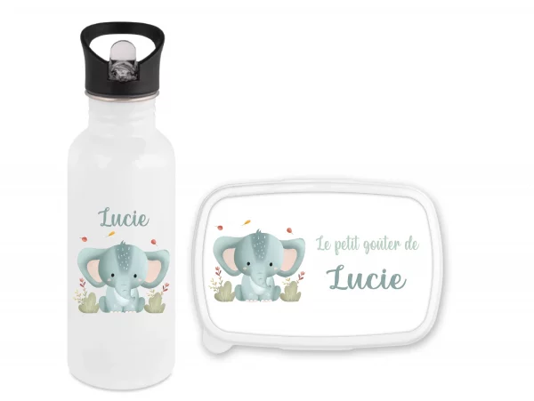 Set gourde paille 600 ml + boîte à goûter personnalisés motif éléphant bleu – Prénom enfant – Rentrée scolaire