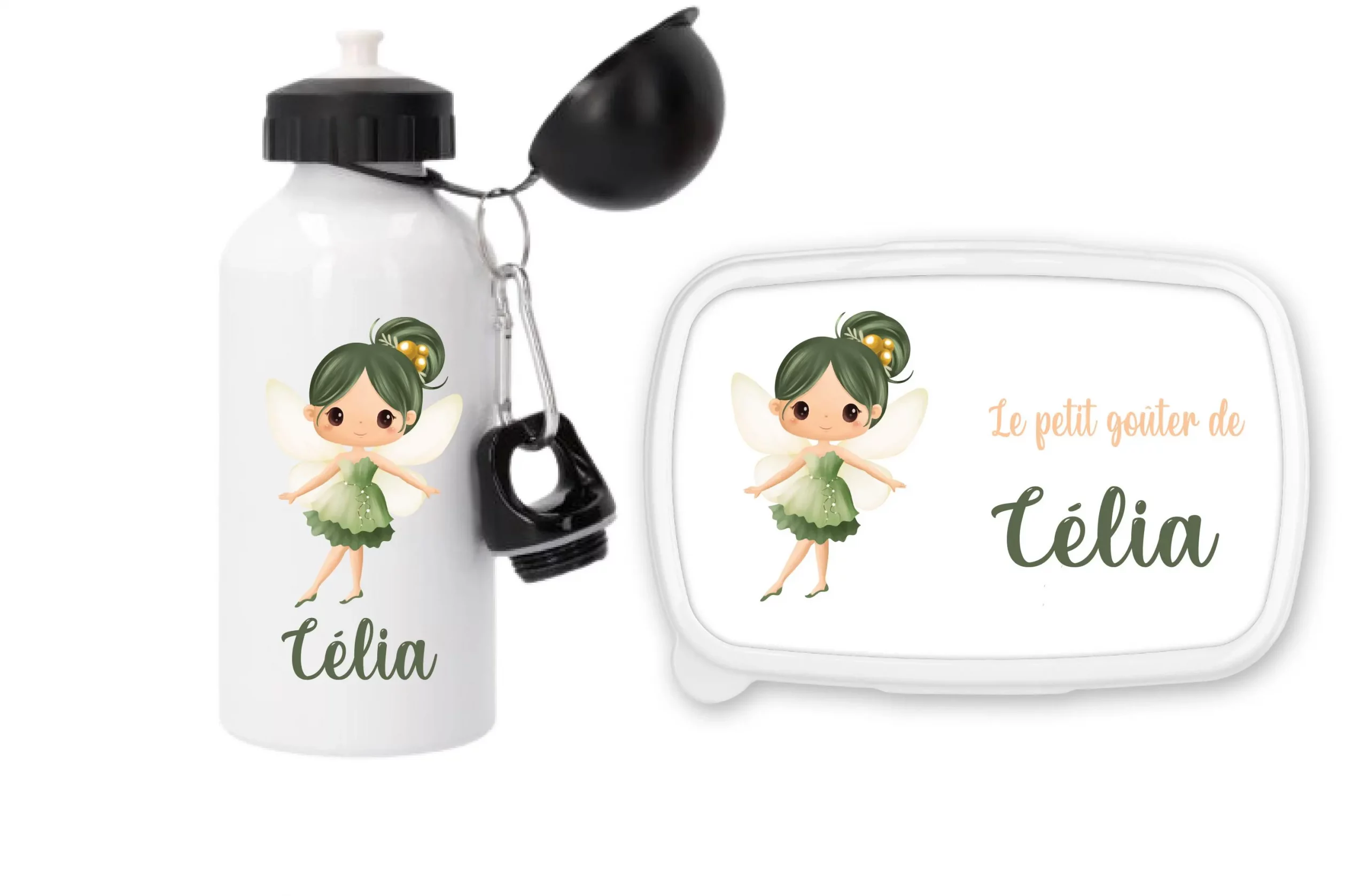 Set Gourde Sport 500 ml + Boîte à Goûter Fond Rose Motif Fée verte – Personnalisé avec Prénom – Idéal Rentrée Scolaire – Lave-vaisselle