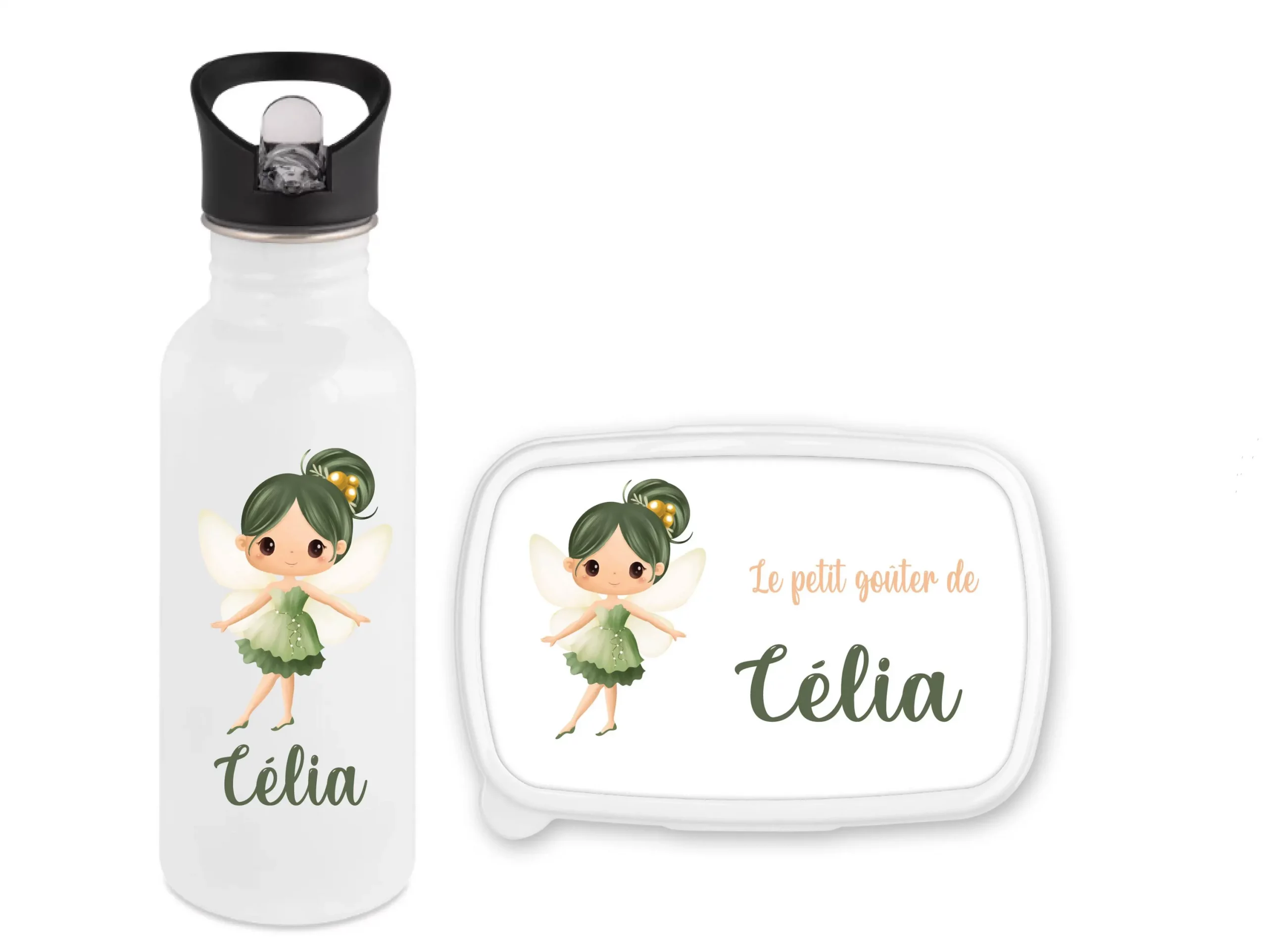 Set Gourde Paille 600 ml + Boîte à Goûter Fond Rose Motif Fée verte – Personnalisé avec Prénom – Idéal Rentrée Scolaire – Lave-vaisselle
