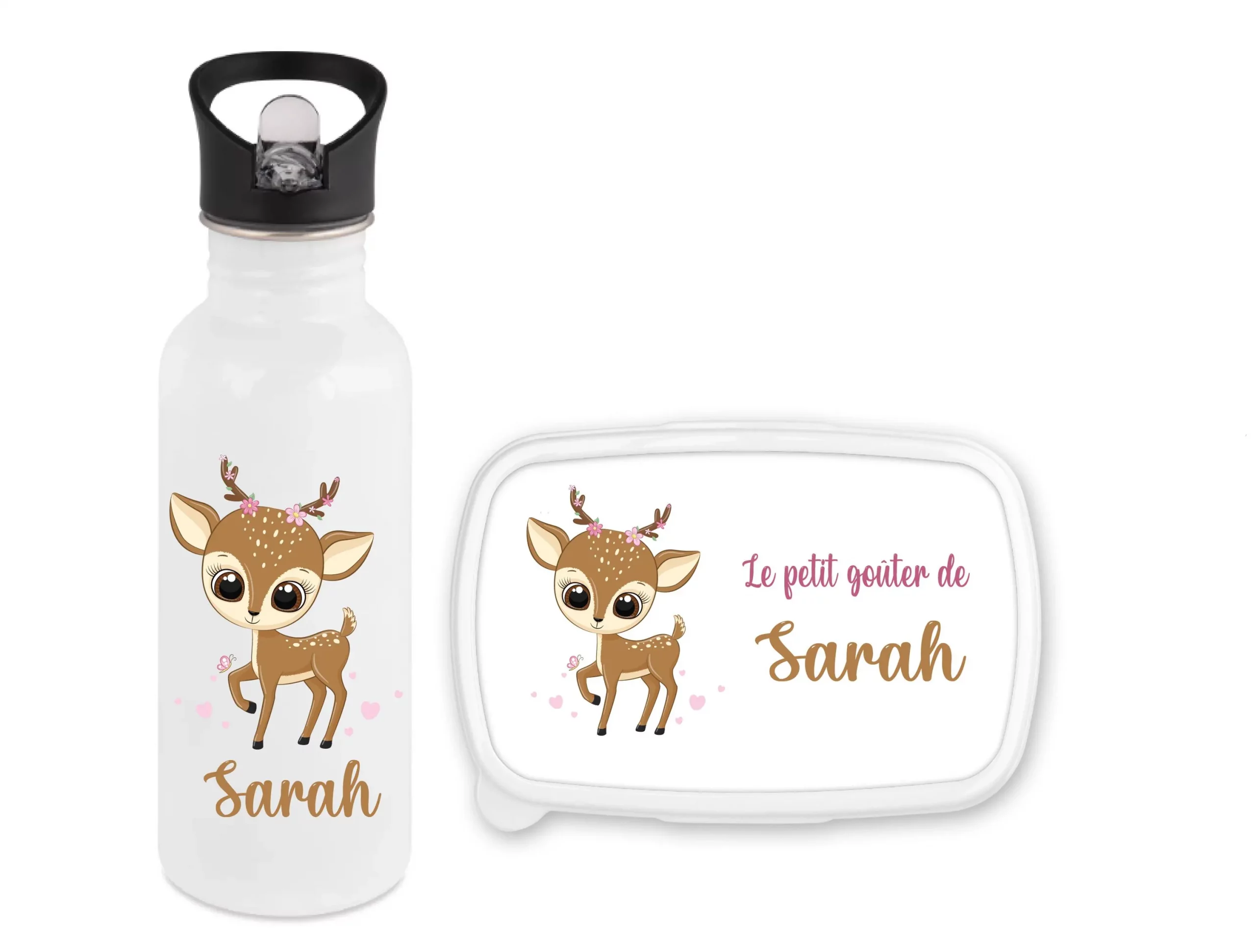Set gourde paille 600 ml et boîte à goûter personnalisés faon – Prénom – Idéal rentrée scolaire