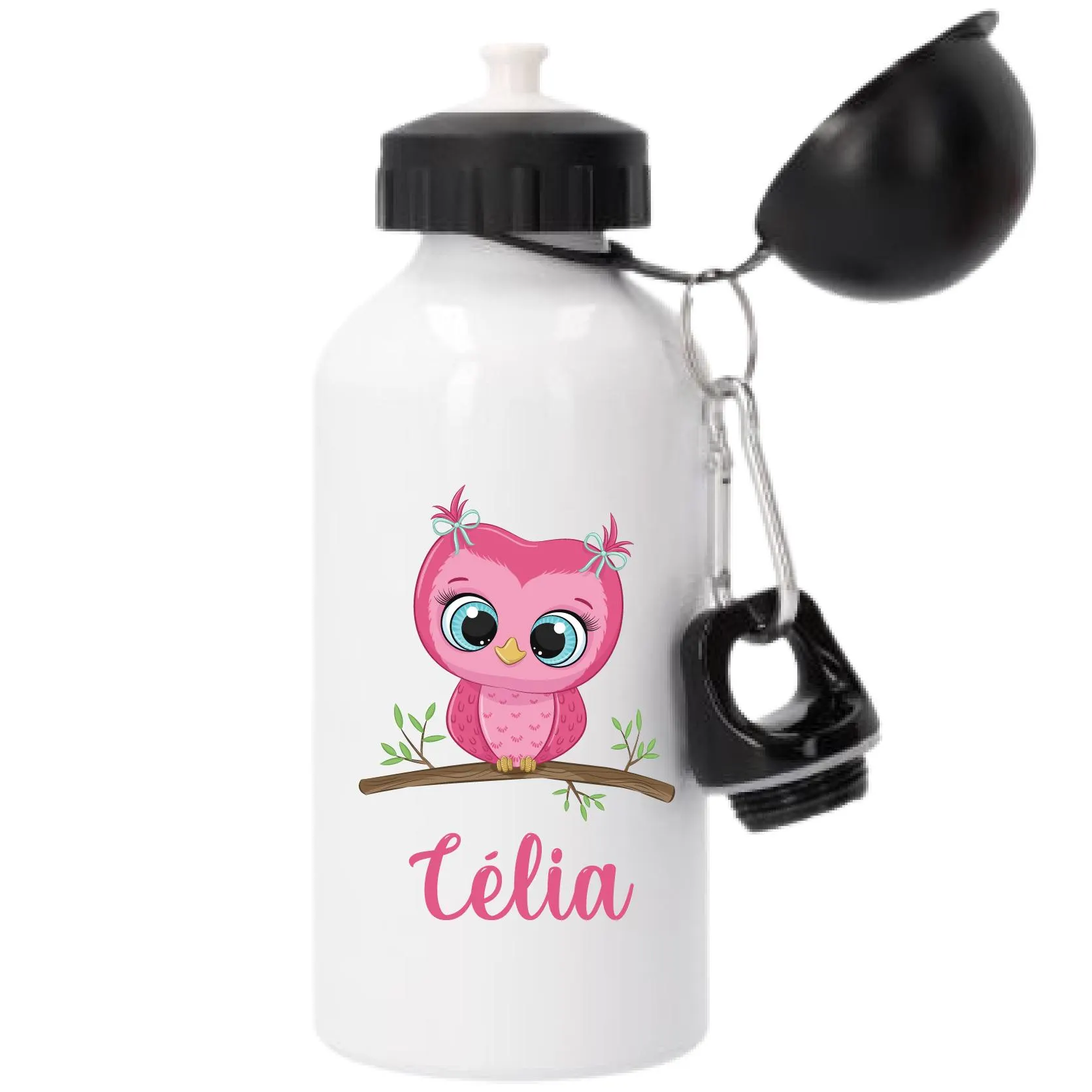 Gourde sport personnalisée hiboux rose – Prénom enfant – Parfaite pour la rentrée scolaire