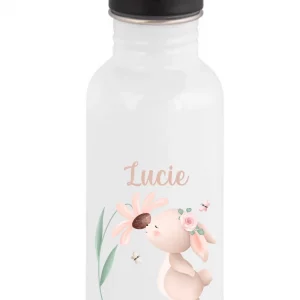 Gourde paille 600 ml personnalisée motif lapin avec fleur – Prénom enfant – Parfaite rentrée scolaire