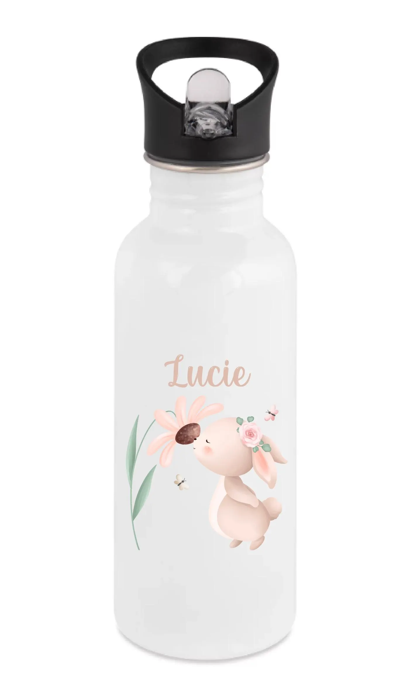 Gourde paille 600 ml personnalisée motif lapin avec fleur – Prénom enfant – Parfaite rentrée scolaire