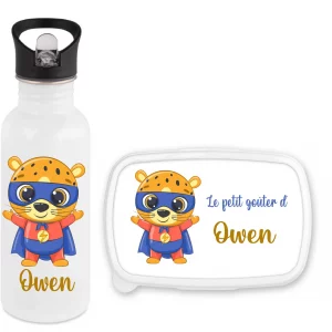 Set gourde paille 600 ml + boîte à goûter personnalisés ours super-héros – Prénom enfant – Rentrée scolaire