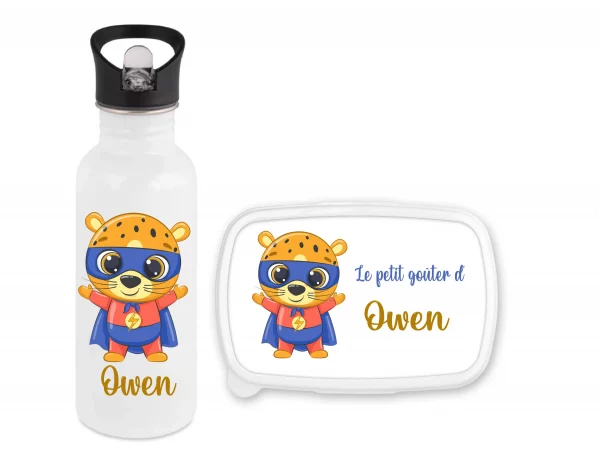 Set gourde paille 600 ml + boîte à goûter personnalisés ours super-héros – Prénom enfant – Rentrée scolaire