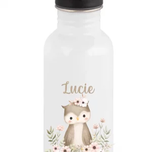 Gourde paille 600 ml personnalisée motif chouette – Prénom enfant – Indispensable rentrée scolaire