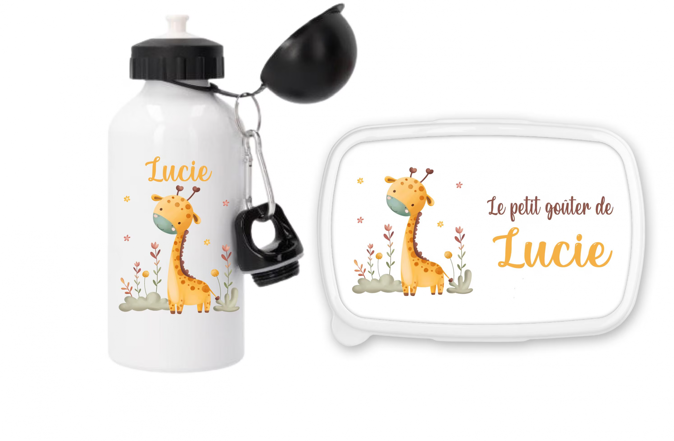 Set gourde sport 500 ml + boîte à goûter personnalisés motif girafe – Prénom enfant – Préparez la rentrée scolaire