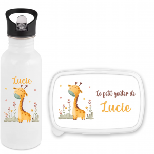 Set gourde paille 600 ml + boîte à goûter personnalisés motif girafe – Prénom enfant – Rentrée scolaire