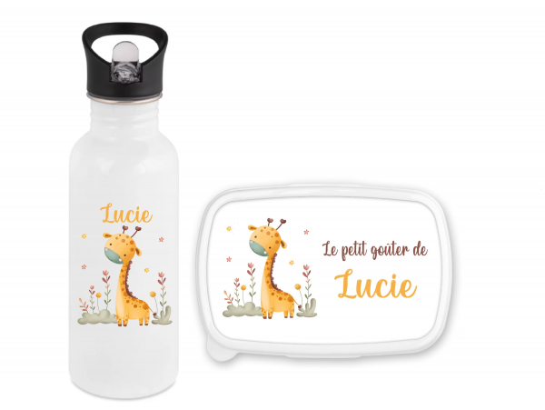 Set gourde paille 600 ml + boîte à goûter personnalisés motif girafe – Prénom enfant – Rentrée scolaire