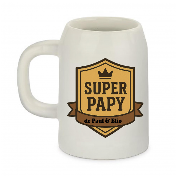 Chope Personnalisée Super Papy avec Prénoms – Cadeau Fête des Grands-Pères – Chope Blason Doré Imprimée 500 ml