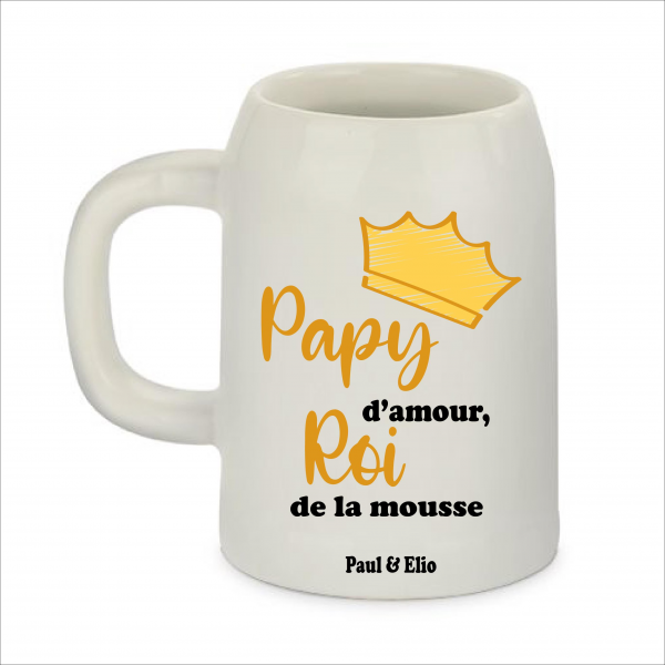 Chope Personnalisée Papy Roi de la Mousse – Cadeau Fête des Grands-Pères avec Prénoms – Chope Imprimée 500 ml