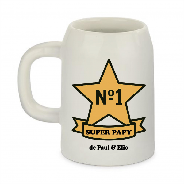 Chope Personnalisée N1 Super Papy avec Prénoms – Cadeau Fête des Grands-Pères – Chope Étoile Dorée Imprimée 500 ml