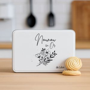 Boîte à biscuits personnalisée "Nounou en Or" – Cadeau nounou original – Boîte métal avec prénom de l’enfant – Idée cadeau fête des nounous ou Noël