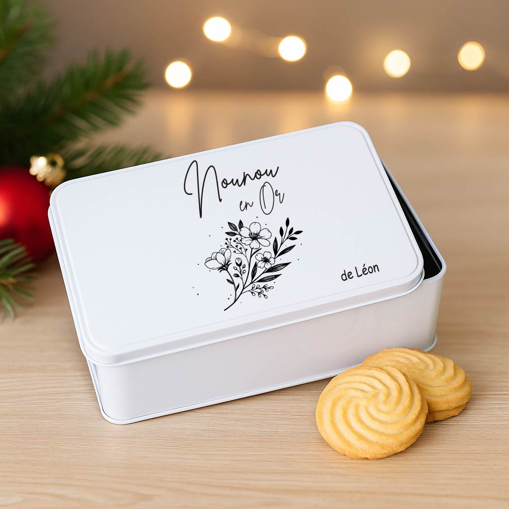 Boîte à biscuits personnalisée "Nounou en Or" – Cadeau nounou original – Boîte métal avec prénom de l’enfant – Idée cadeau fête des nounous ou Noël – Image 3