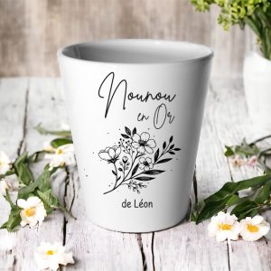 Cache-pot “Nounou en Or” personnalisé – Cadeau Fête des Nounous ou Noël – Pot céramique prénom –
