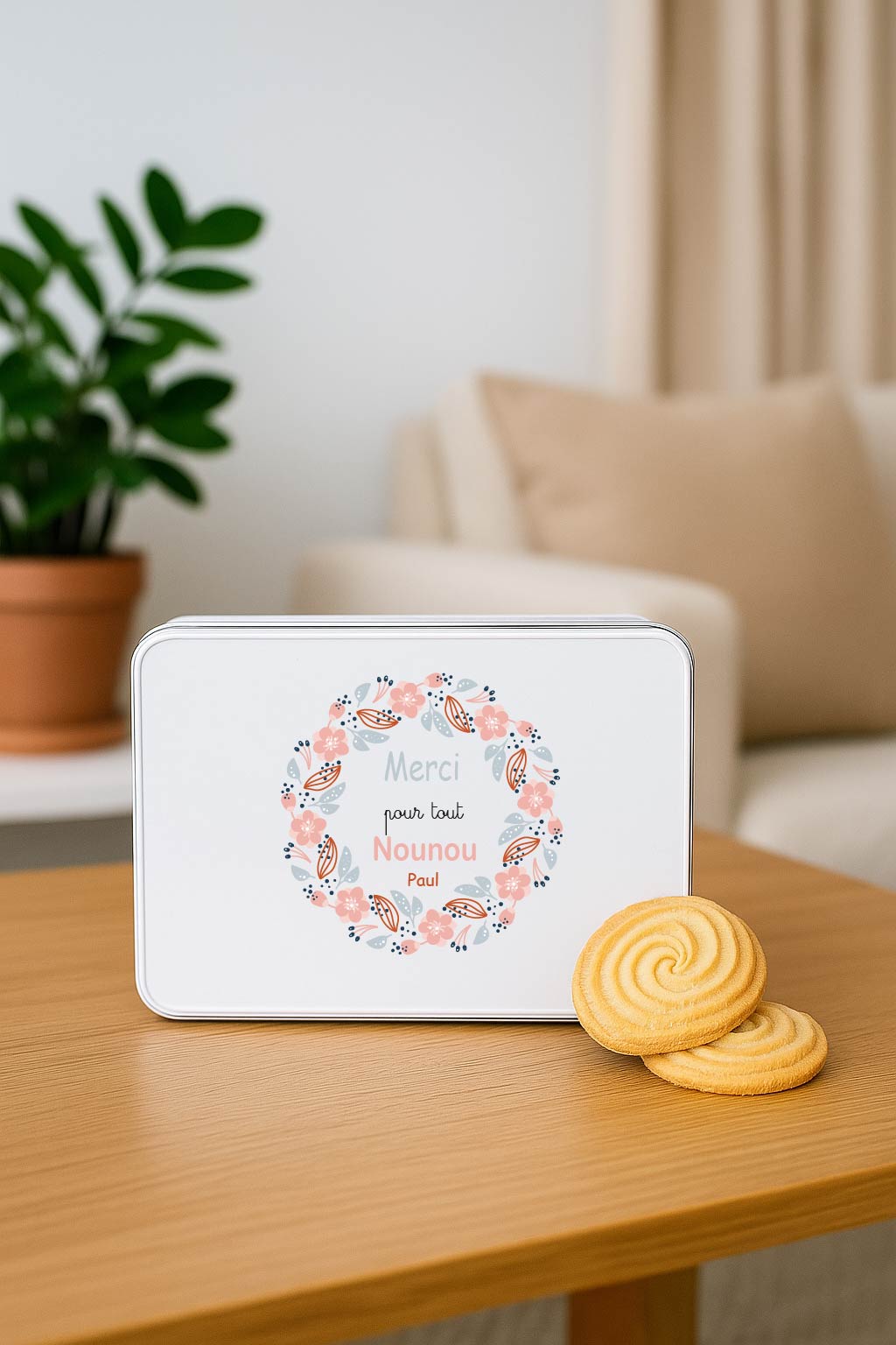 Boîte à biscuits personnalisée “Merci Nounou” – Cadeau fête des nounous ou Noël – Boîte en métal blanche prénom enfant – Couronne fleurs rose et gris – Image 4