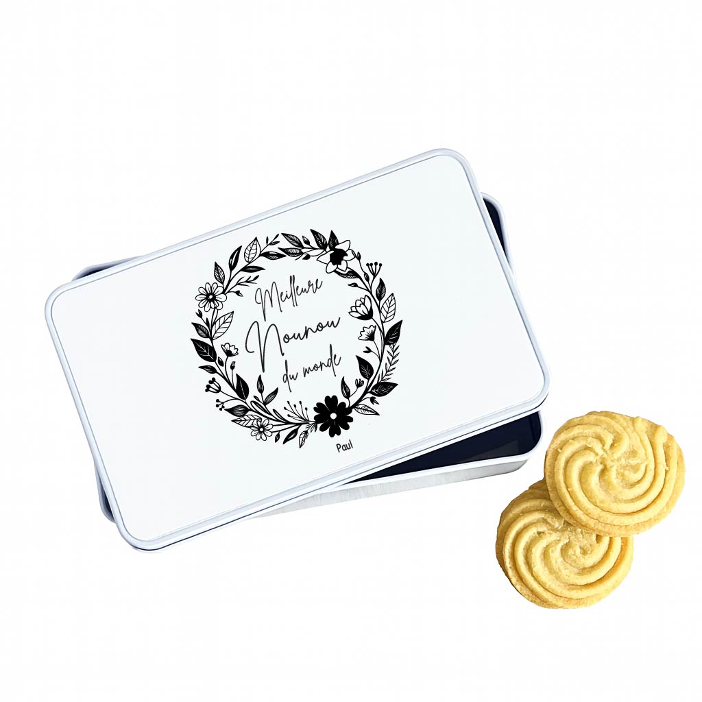 Boîte à biscuits personnalisée "Meilleure Nounou du monde" – Cadeau nounou original – Boîte métal avec prénom de l’enfant – Idée cadeau fête des nounous ou Noël – Image 2