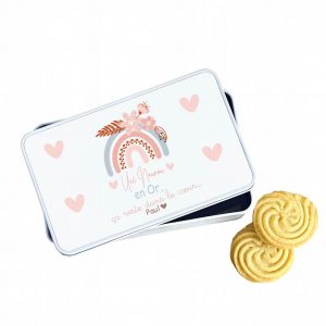 Boîte à biscuits personnalisée “Une Nounou en Or” – Cadeau fête des nounous ou Noël – Boîte souvenir prénom enfant – Arc-en-ciel pastel