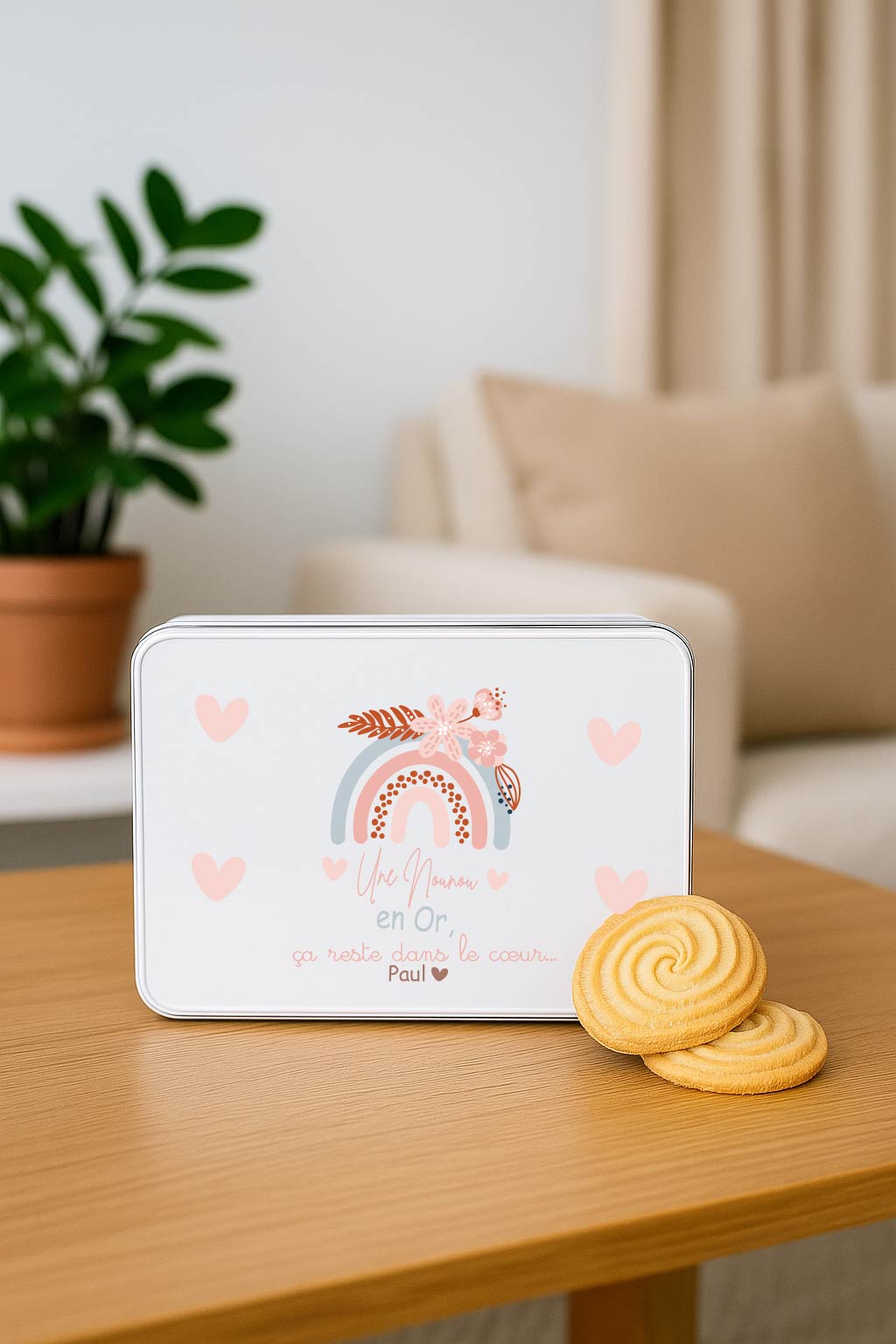 Boîte à biscuits personnalisée “Une Nounou en Or” – Cadeau fête des nounous ou Noël – Boîte souvenir prénom enfant – Arc-en-ciel pastel – Image 3
