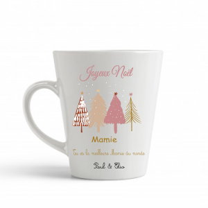 Mug Noël personnalisable — texte 100% modifiable (rôle, message, prénoms) — Cadeau de Noël mamie marraine nounou — Tasse sapins pastel