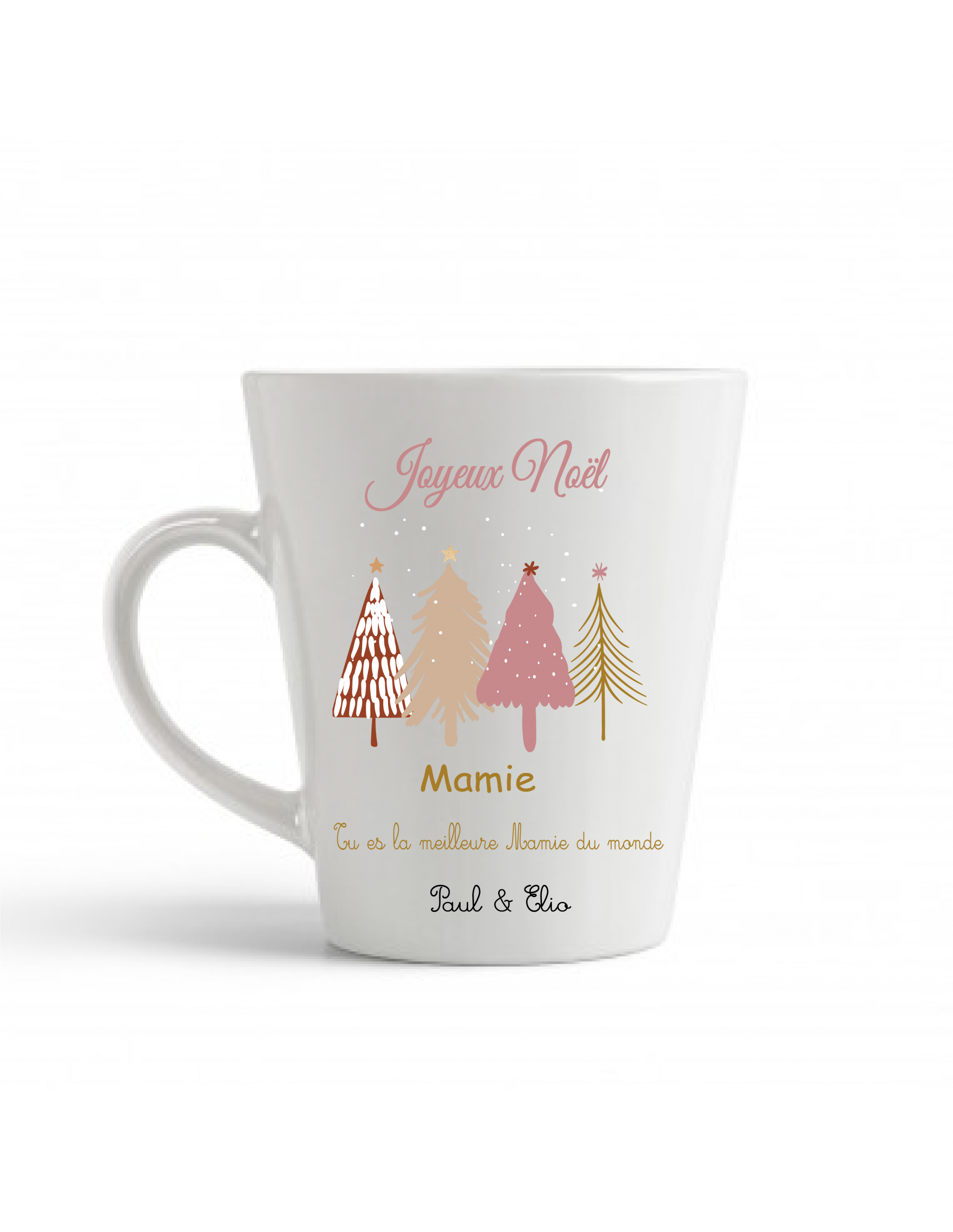 Mug Noël personnalisable — texte 100% modifiable (rôle, message, prénoms) — Cadeau de Noël mamie marraine nounou — Tasse sapins pastel