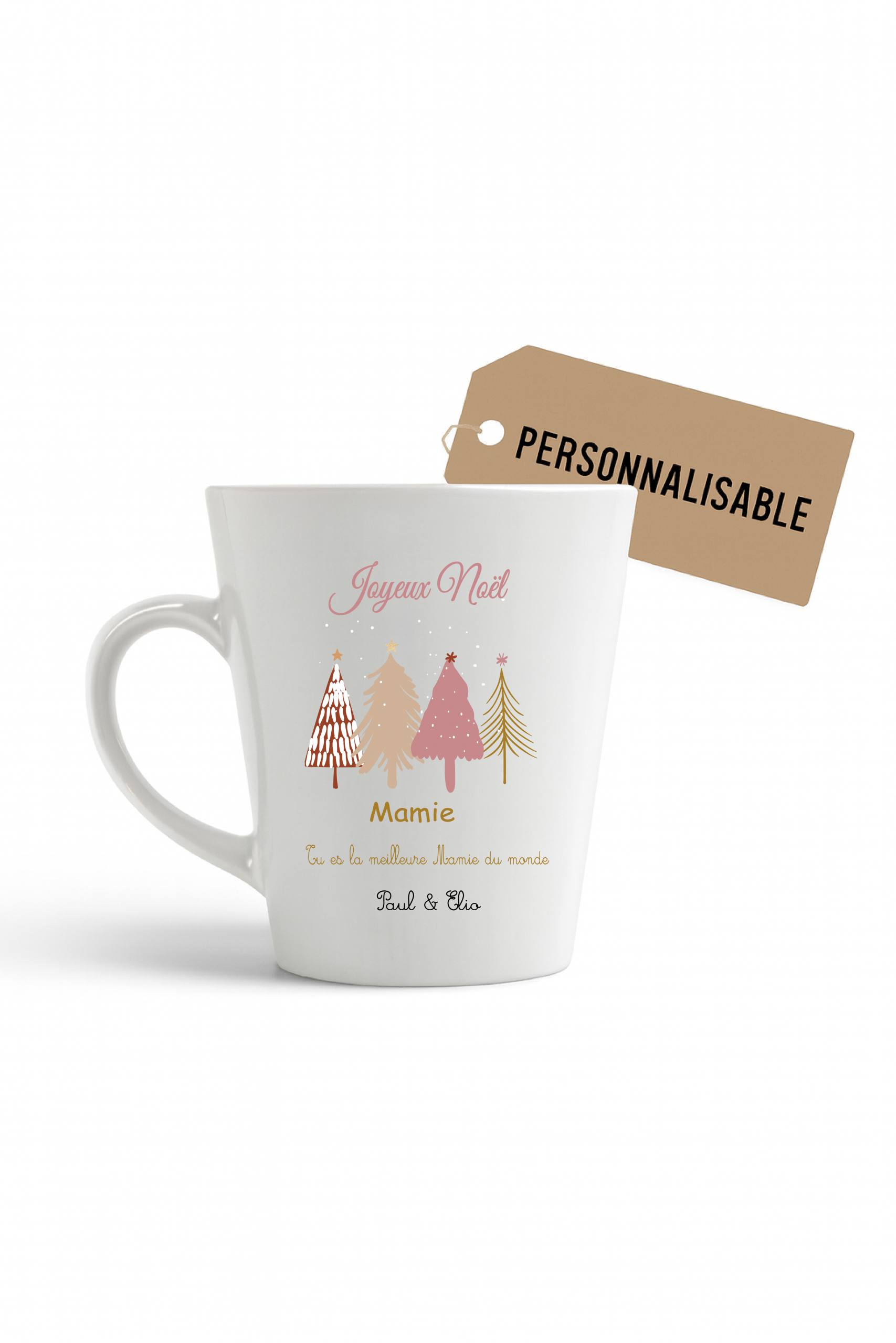 Mug Noël personnalisable — texte 100% modifiable (rôle, message, prénoms) — Cadeau de Noël mamie marraine nounou — Tasse sapins pastel – Image 2