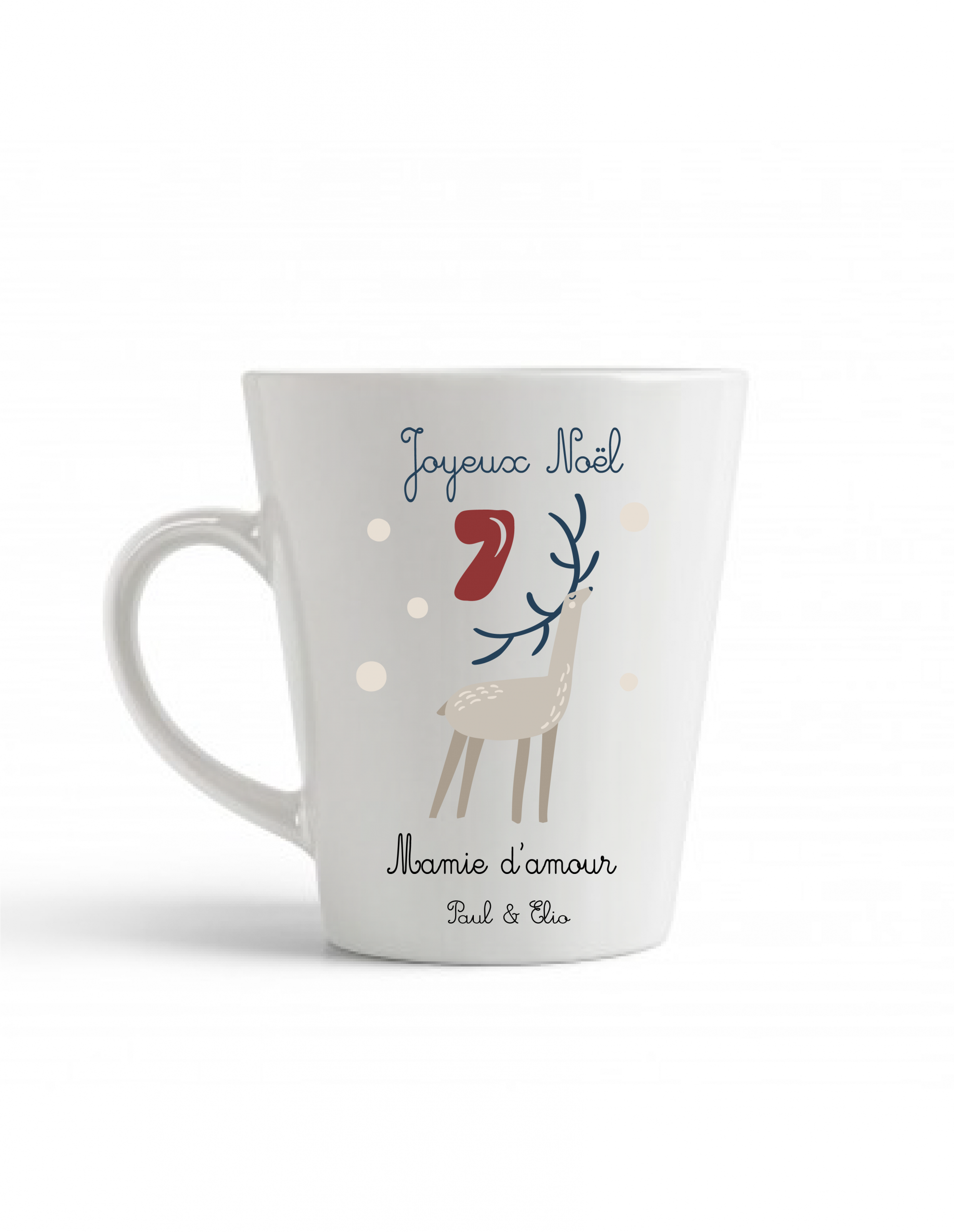 Mug Joyeux Noël personnalisable — Texte modifiable (Mamie, Marraine, Tata, Nounou…) + Prénoms — Cadeau Noël personnalisé famille — Tasse renne