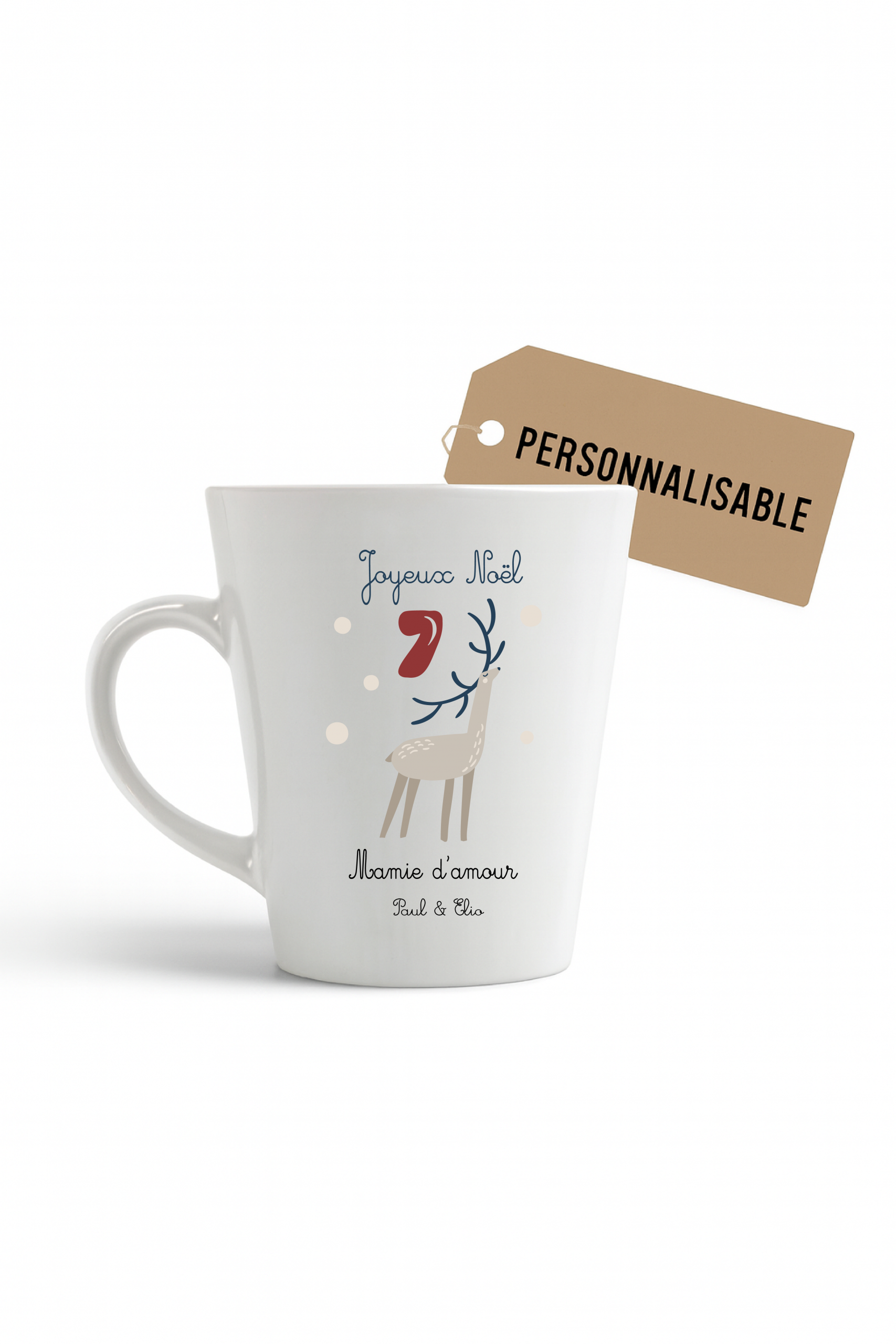 Mug Joyeux Noël personnalisable — Texte modifiable (Mamie, Marraine, Tata, Nounou…) + Prénoms — Cadeau Noël personnalisé famille — Tasse renne – Image 2