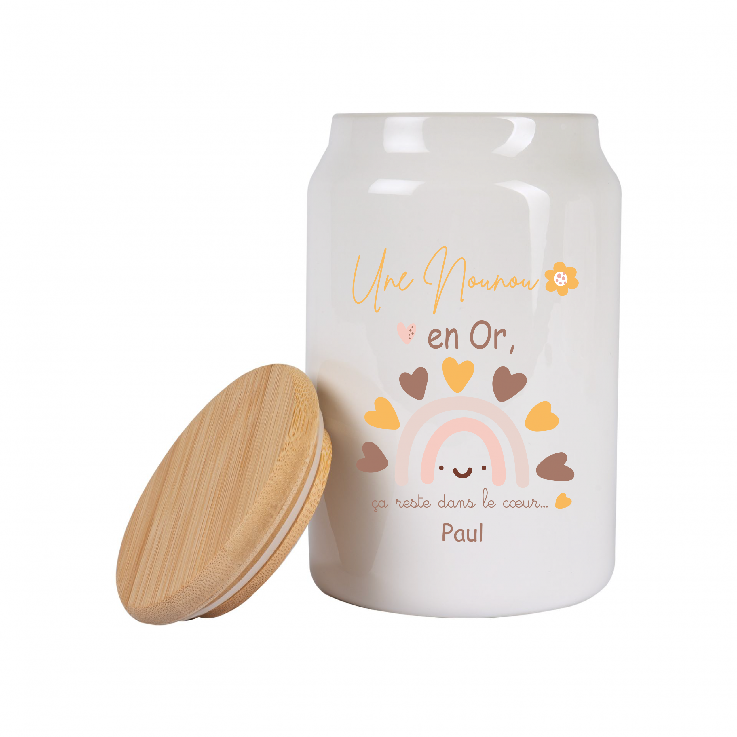 Pot à cookies personnalisable 500 ml “Une Nounou en Or” – Cadeau nounou – Cadeau fête des nounous ou Noël – Pot à biscuits céramique avec couvercle bambou – Image 6