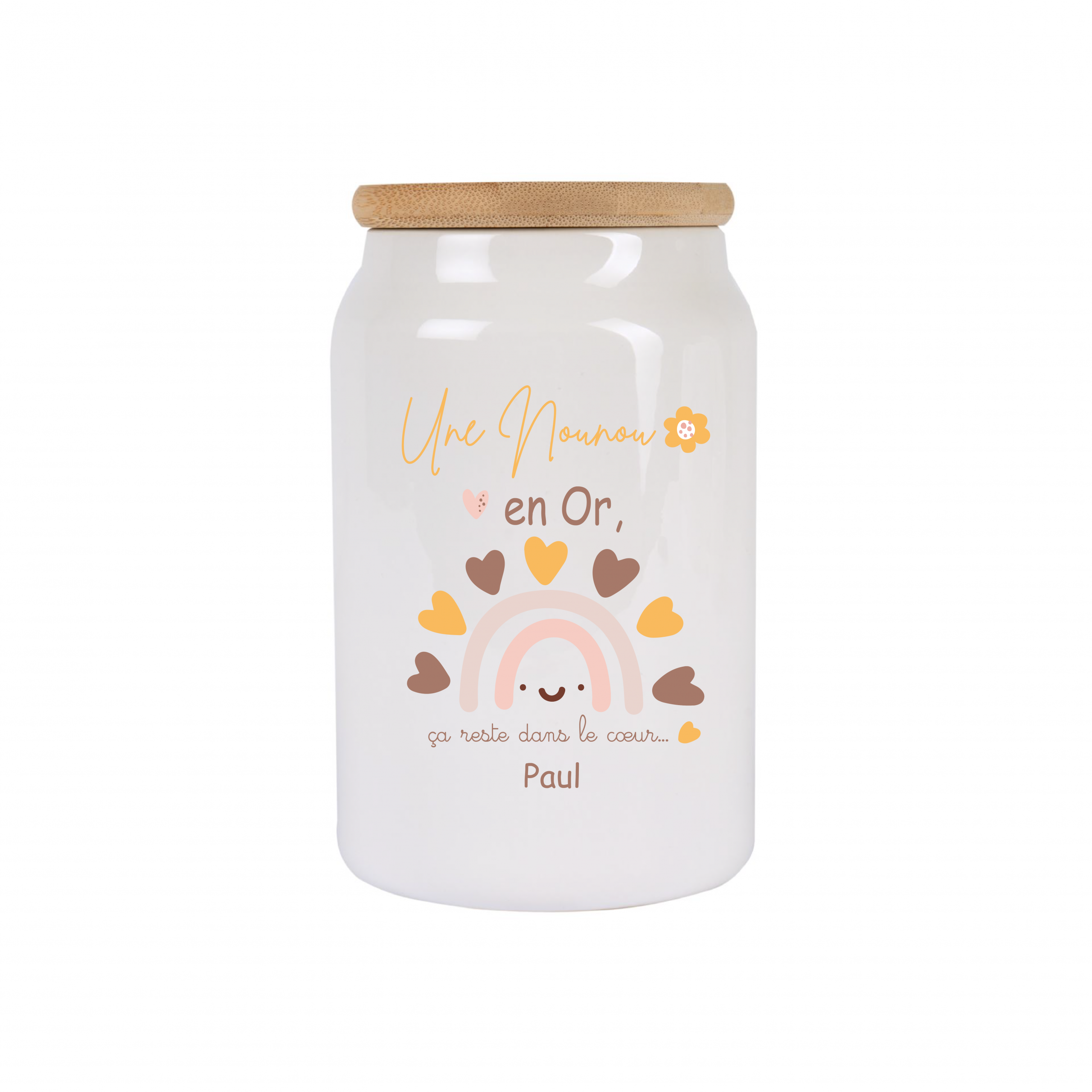 Pot à cookies personnalisable 500 ml “Une Nounou en Or” – Cadeau nounou – Cadeau fête des nounous ou Noël – Pot à biscuits céramique avec couvercle bambou – Image 5