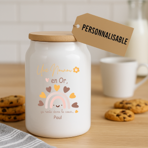 Pot à cookies personnalisable 500 ml “Une Nounou en Or” – Cadeau nounou – Cadeau fête des nounous ou Noël – Pot à biscuits céramique avec couvercle bambou