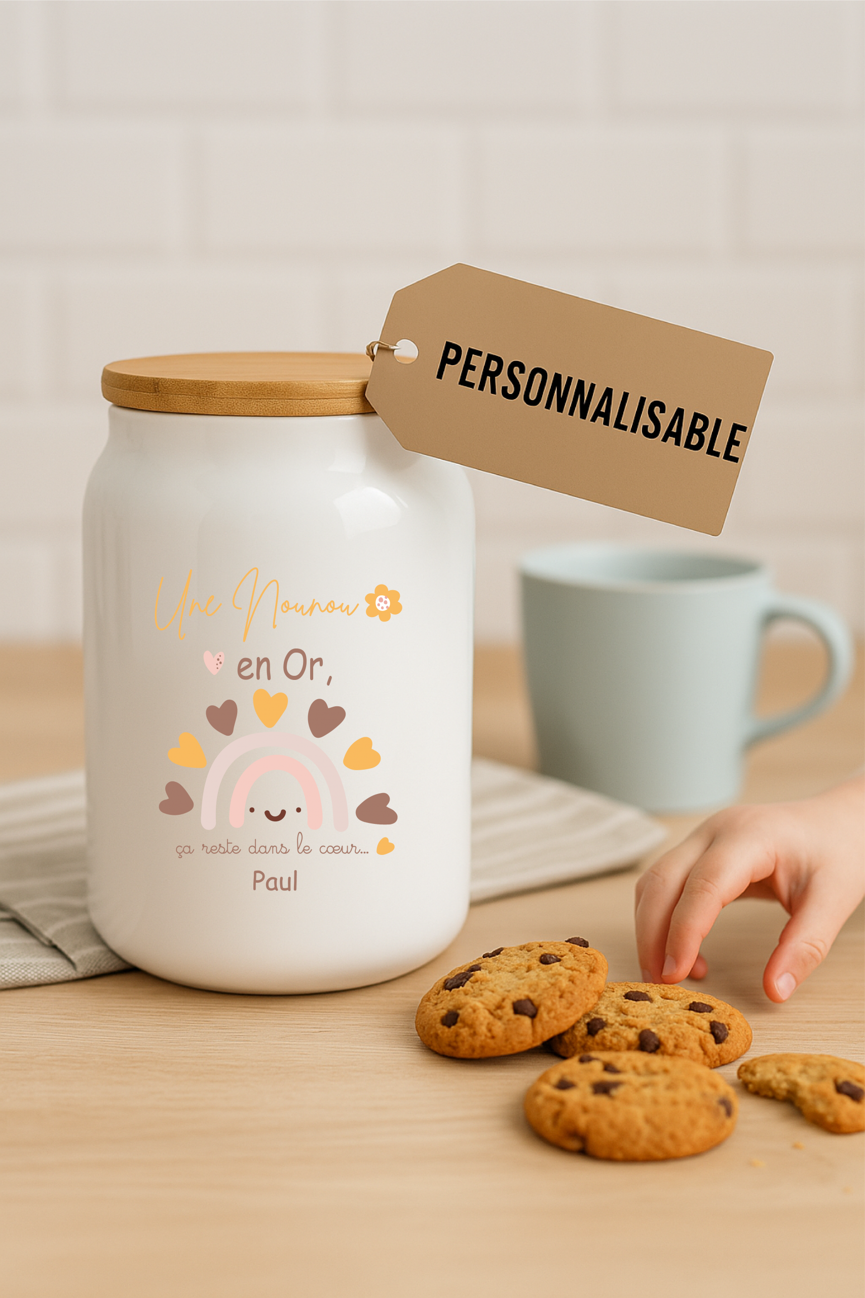 Pot à cookies personnalisable 500 ml “Une Nounou en Or” – Cadeau nounou – Cadeau fête des nounous ou Noël – Pot à biscuits céramique avec couvercle bambou – Image 2